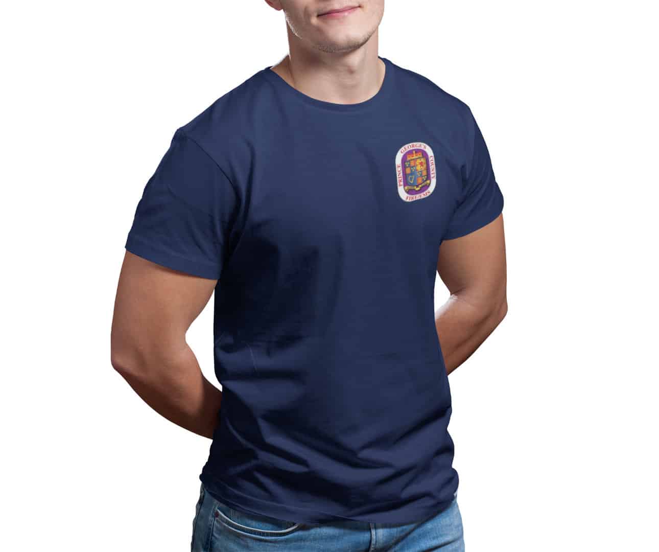Firefighter wearing the navy PGFD short sleeve shirt